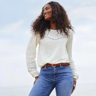 Flammgarn-Shirt mit Biesen-Verzierung für Damen, Damen, size: regular, Elfenbein, Baumwolle, by Lands' End