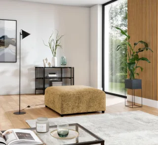 Polsterhocker Designerhocker ROMY in Stoff Enjoy Me Honiggelb