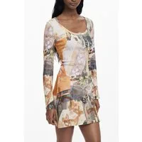 Desigual Partykleid Beiges Damenkleid mit Kontrastdetails und Knöpfen – Trend 2023