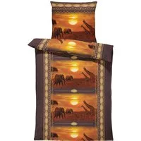 One Home Bettwäsche Fotodruck, Mikrofaser, 4 teilig, Afrika Safari Elefanten Tiere, Knitterfrei Weich für Sommer und Winter