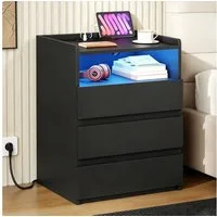 MSMASK Nachttisch mit 3 Schubladen, Steckdosenleiste und LED-Beleuchtung (1-St), Nachtschrank, Beistelltisch, 40x35x60cm