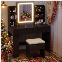 Furnicopia Schminktisch 90/110 cm, LED-Beleuchtung mit einstellbarer Helligkeit, Stauraum (Mit 8 Ablagefachern, 2 Schubladen (beidseitig austauschbar)und optionalem Hocker.Erhältlich in Weiß und Schwarz)