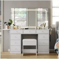 Yanosaku Schminktisch mit 9 Schubladen & Hocker, Make-up Tisch mit Ladestation (1-St), mit LED-Leuchtbänder