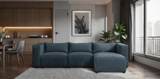 Ecksofa Designersofa NEVIO in Stoff Lincoln Blau Ottomane Rechts