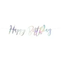 partydeco Wimpelkette, Happy Birthday Schriftzug Girlande 16x62cm silber irisierend