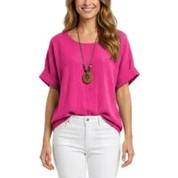 dy_mode Kurzarmbluse Damen Kurzarm Bluse Leichte Sommer Tunika Baumwollbluse Oberteil in Unifarbe, mit passende Kette