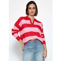 SASSYCLASSY Strickpullover Gestreifter Pullover mit Polokragen für Damen Moderner Strickpullover mit V-Ausschnitt und Wollanteil Beige Pink