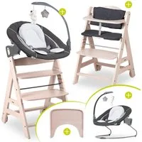 Hauck Hochstuhl Beta Plus Whitewashed Newborn SetWippe Deluxe, Holz Babystuhl ab Geburt mit Neugeborenensufsatz, Sitzkissen, Essbrett