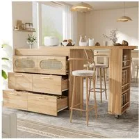 Flieks Bartisch 360° drehbar Stehtisch & Kommode mit Rattan-Schubladen (Set, 2-St., schwenkbarer Tisch mit Schrank), ausziehbar Esstisch mit Ablagen und Rollen Sideboard Holzoptik