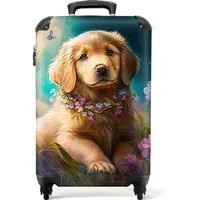 NoBoringSuitcases.com© Kinderkoffer Welpe - Blumenkranz - Schmetterling - Hund - Golden Retriever 55x35x20, Reisetasche mit Rollen, Koffer Handgepäck Flugzeug