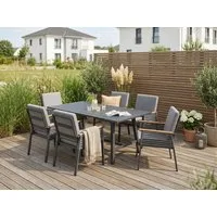 KONIFERA Garten-Essgruppe Edessa, (Set, 19-tlg., 6x Sessel, 6x Sitzauflagen, 6x Rückenauflagen,1x Tisch), Tischplatte aus Alu-Lamellen,Armlehne mit Seilgeflecht&Noonwood-Latten