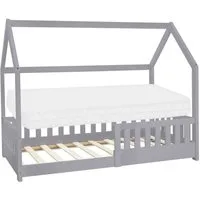 ML-DESIGN Spielbett Hausbett Kinderbett inkl. Lattenrost kreativ Bodenbett für Kinder, Abenteuerbett mit Rausfallschutz Kiefer Hellgrau Himmelbett Bettenhaus