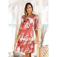 s.Oliver Jerseykleid mit Blumenprint und Volantrock, Druckkleid mit 3/4-Ärmeln Sommerkleid, leichtes Strandkleid, feminines Blumenkleid, Viskosekleid