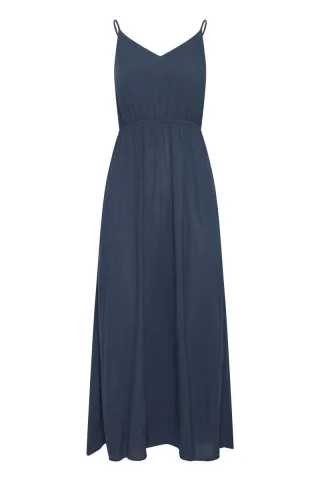 ICHI - Maxikleid mit V-Ausschnitt und Spaghettiträgern blau - Gr. - XS