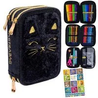 GOLDKIDS Federmäppchen 3 Fächer - Mäppchen für Mädchen -, (Federmappe, 3-Fach Federtasche Gefüllte Schüleretui Schulmäppchen), und Hausaufgabenheft - Plüschkatze