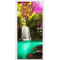 MuchoWow Türtapete Ein Wasserfall im Herbstwald am Erawan-Wasserfall, Matt, bedruckt, (1 St), Selbstklebende Tapete, Folie für Möbel, 75x205 cm