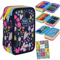 GOLDKIDS Federmäppchen 3 Fächer - Mäppchen für Mädchen und Jungen -, (Federmappe 3-Fach Federtasche, 1-tlg., Gefüllte Schüleretui 46-teilig), Schulmäppchen und Hausaufgabenheft - Garten Motiv