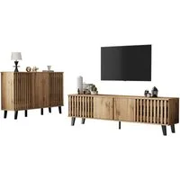 MODFU Wohnzimmer-Set TV-Schrank und Seitenschrank aus Naturholz, (Wohnzimmer-Wandkombination, 2-St., TV-Schrank (180×40×55 cm) und Sideboard (150×40×95 cm), mit integrierte Türen, warme Holzfarben