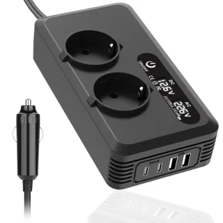 CX200W Car Inverter with LED Screen 2USB-A+USB-C+2AC Outlets Fast Charging Car Charger Adapter with Car Plug Smart Cooli