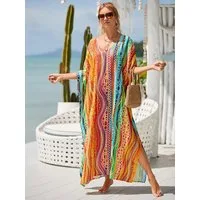 MOPUEA Strandkleid Kaftankleid Damen Strandkleid Boho Oversize Cover Up Lang (Kaftan, 1 Damen Kaftan mit V-Ausschnitt und Tunnelzug) Tunnelzug Fledermausärmel Seitenschlitz Oversize V-Ausschnitt