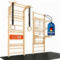 VALENESS Sprossenwand Sprossenwand aus Holz mit Klimmzugstange, Dip-Station & 2 Turnringen