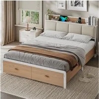 KIMENICH Metallbett Bettgestell mit Ladestation und 2 Schubladen, Jugendbett (1-tlg., Ohne Matratze), 140x190cm, Weiß + Natur