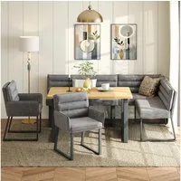 REDOM Eckbankgruppe mit Eckbank 140x80 cm für Küche & Essbereich, Grau/Holz, (Set, 4-tlg., Inkl. Eckbank, 2 Stühle & Esstisch, Chenille-Stoff), Platzsparende Tischgruppe für gemütliche Ecken