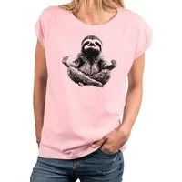 MAKAYA T-Shirt Kurzarm Damen T-Shirt mit lustigem Faultier-Yoga-Aufdruck (Weiß, Rosa, Hellgrau, Grün, Dunkelgrau, 34, 36, 38, 40, 42, 44, 46, 48, 50) Baumwolle