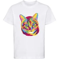 MyDesign24 Print-Shirt bedrucktes Mädchen T-Shirt bunter Kopf einer Katze Kurzarm Baumwollshirt mit Aufdruck i125