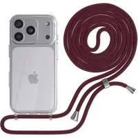 EAZY CASE Handykette Hülle mit Kette für Apple iPhone 17 Pro 6,3 Zoll, Silikonhülle durchsichtig mit Umhängeband Handytasche Bordeaux Rot