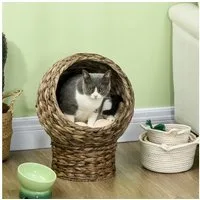PawHut Tierhaus Katzenkorb aus Wasserhyazinthe, Katzenbett mit Kissen, für Katzen, Dunkelbraun