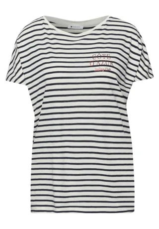 Street One - Gestreiftes T-Shirt mit Schriftzug beige/blau - Gr. - 36