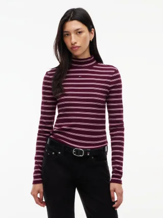 Tommy Jeans (PVH Group) - TJW ESSENTIAL MOCK NECK Calypso Berry/Pink Stripe - Gr. - XS