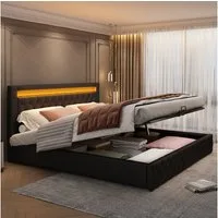 Flieks Polsterbett, LED-Beleuchtung Kunstleder Doppelbett Stauraum 140x190cm
