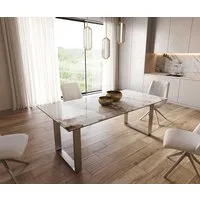 DELIFE Esstisch Edge, Keramik Minas Melange Weiß-Beige 200x100 Edelstahl Schmal