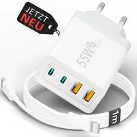 GreenHec Schnellladegerät USB-C iPhone mehrfach Handy Netzteil Adapter + Kabel Schnelllade-Gerät (50 mA, Spar-Set, 55w Quatro Charger + Lighting Kabel, iPhone 14 13 12 11 X XS XR SE Pro Max Air, 4 Multi Port 1m 2m 3m Laden)