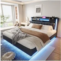 Flieks Polsterbett, LED Schwebebett Doppelbett 160x200cm mit USB-Aufladen und Stauraum