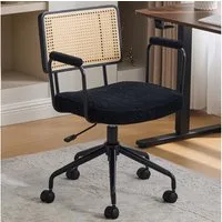 SeedWave Bürostuhl mit Rattan-Rückenlehne, Höhenverstellbarer Drehstuhl mit Polstersitz, Metallgestell Schreibtischstuhl im Industrial Stil für Home Office