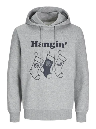 JACK&JONES - JJXMAS ONE COLOR FUNNY SWEAT HOOD light grey melange - Gr. - XXL