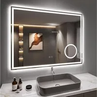 Dripex Badspiegel Led Wandspiegel Badezimmerspiegel fürs Wohnzimmer, Salon, 3-fache Bildvergrößerung/ uhr/ steckdose/ Bluetooth-Lautsprecher