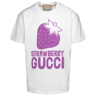 Weisses T-Shirt mit ubergrosser Passform und Gucci-Erdbeerlogo