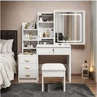 BBWL Schminktisch Stilvoller Schminktisch mit Spiegel und Beleuchtung,weiß, MDF (modernes Design), 3-farbig verstellbare LEDs, 4 Schubladen, inklusive Hocker