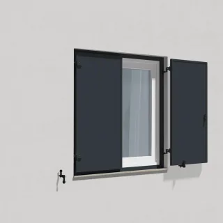 Fensterläden modern, Klappläden mit Montagerahmen Lamellen Leipzig, Anthrazitgrau RAL 7016, 800 x 800 mm, 2-flügelig mit Schlagleiste, individuell konfigurierbar