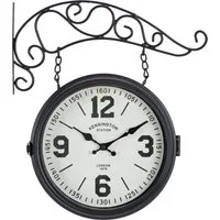 Stagecaptain Wanduhr BHU-4136 BK Bahnhofsuhr groß mit Wandhalterung im Vintage-Look (doppelseitiges Ziffernblatt & Quarzlaufwerk, Retro Metallkonstruktion)