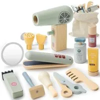 CLTYQ Spielzeug-Frisierkoffer Friseur Set Spielzeug aus Holz,Rollenspiel-Spielzeug,Haarstyling, mit Haartrockner, Lockenstab,ideales Geschenk für 3–8 Jahre