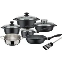 GSW Topf-Set Gourmet Granit, Aluminiumguss (Set, 11-tlg., Kochtopf 20/24, Stieltopf 16, 2 Pfannen 24cm, 1 Dämpfer, Pfannenwender), Induktion