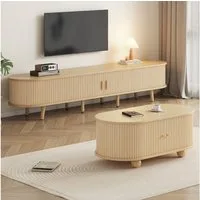 MODFU Wohnzimmer-Set TV-Schrank & Couchtisch Set, (ovale Kombination in Originalholzfarbe, Fernsehtisch, TV-Ständer, 1-St., zentrale Doppelschublade, natürliche Textur), mit Beidseitig geschwungene, vertikal geprägte Schiebetür