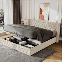 Odikalo Stauraumbett Polsterbett Funktionsbett Nieten Flanell 140-180x200 Grau Beige