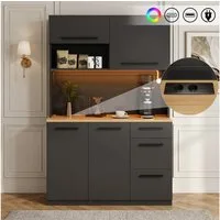 Flieks Küchenbuffet mit Steckdosen, LED-Beleuchtung und verstellbarer Einlegeböden (mit naturfarbener Arbeitsplatte in Holzoptik, 1-St., B120/T40/H180 cm) Hochschrank Küchenschrank Geschirrschrank mit Ladefunktion Schwarz