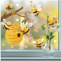 Sunnywall Fensterdekoration wiederverwendbares Fensterbild Bienen auf Honigsuche im Kirschbaum, wiederverwendbar, statisch haftend, beidseitiger Druck